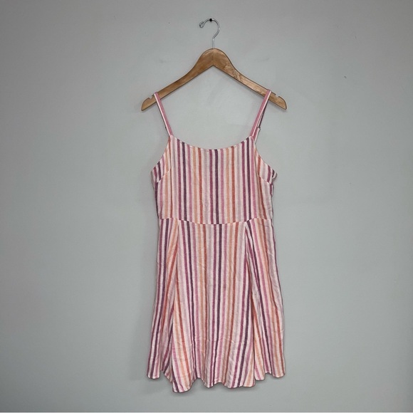 GAP‎ Linen Dress Size Medium Pink Purple Striped Ivory Square Neckline Summer - Picture 2 of 12